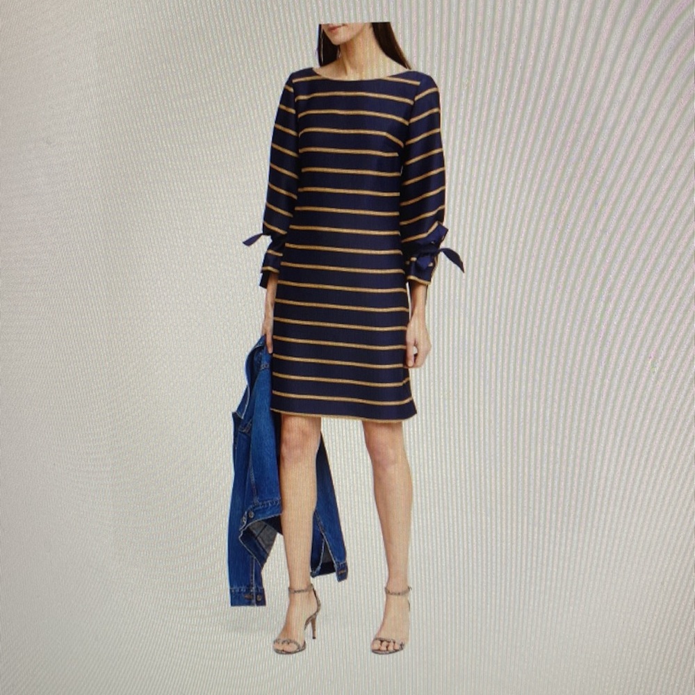 Banana Republic Size 10 Pinstripe Navy and Gold Poet-Sleeve Dress